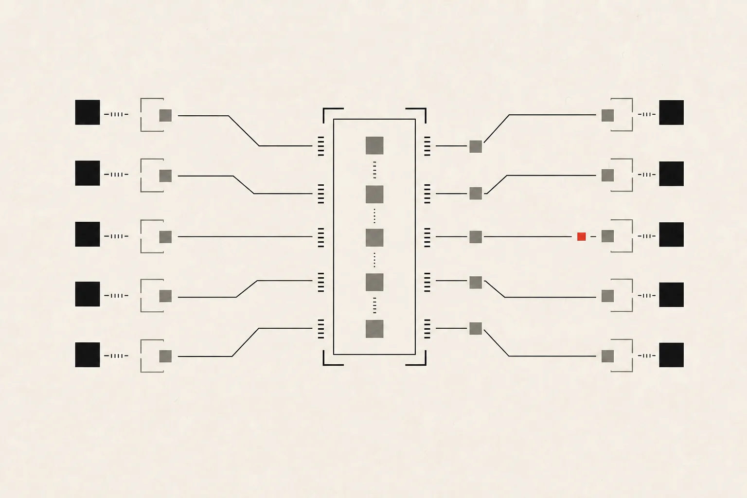 Distinct ivory modules connected by a black circular framework and sealed in vermillion.