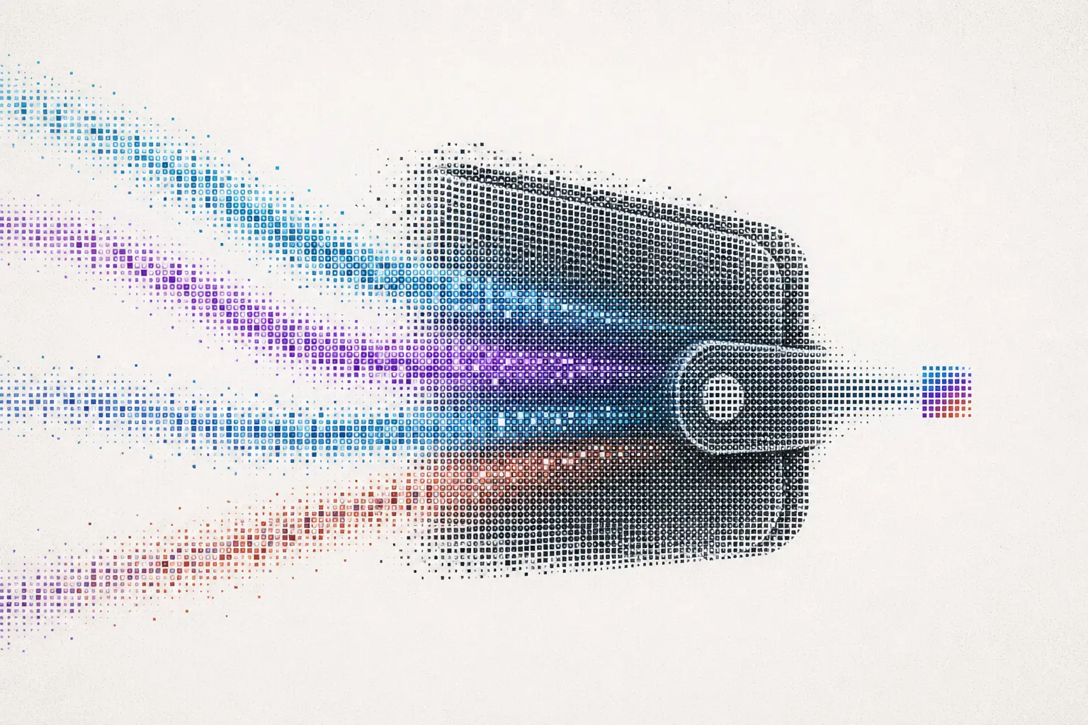 Dense cyan, violet, graphite, and vermillion particle streams converge through a digital wallet form into one compact evidenced result.