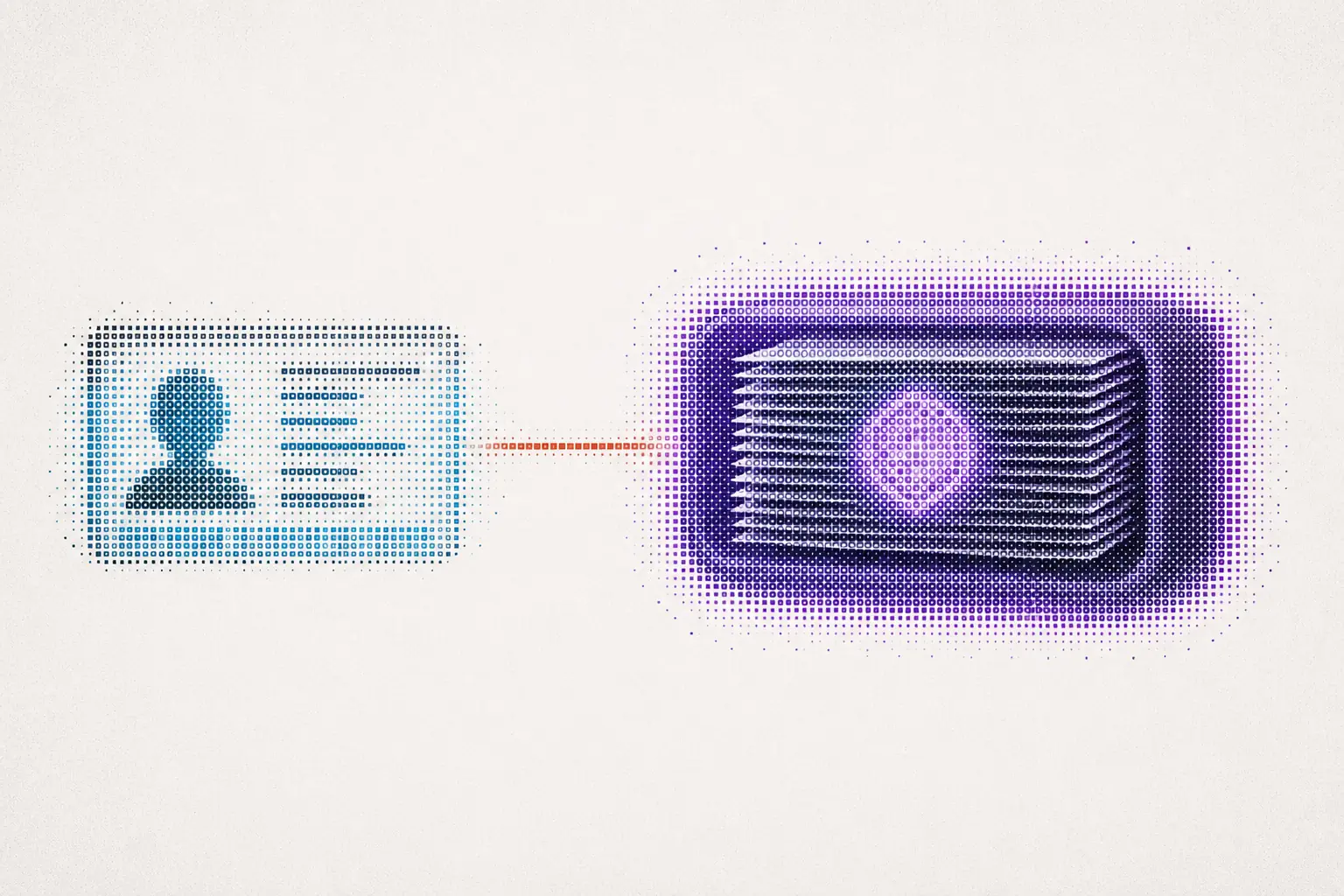 A cyan particle-built identity credential remains distinct from a dense ultraviolet evidence capsule containing document layers and a luminous hash core.