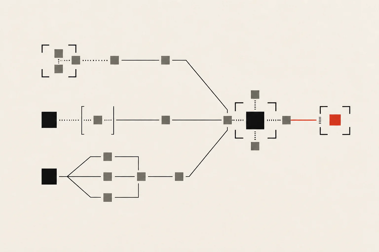 Three distinct wallet architectures converge on one neutral result ledger with a vermillion proof seal.