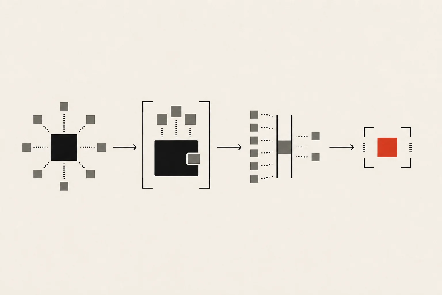 Credential, wallet, consent, presentation and verifier layers aligned as an exploded paper-and-glass system.